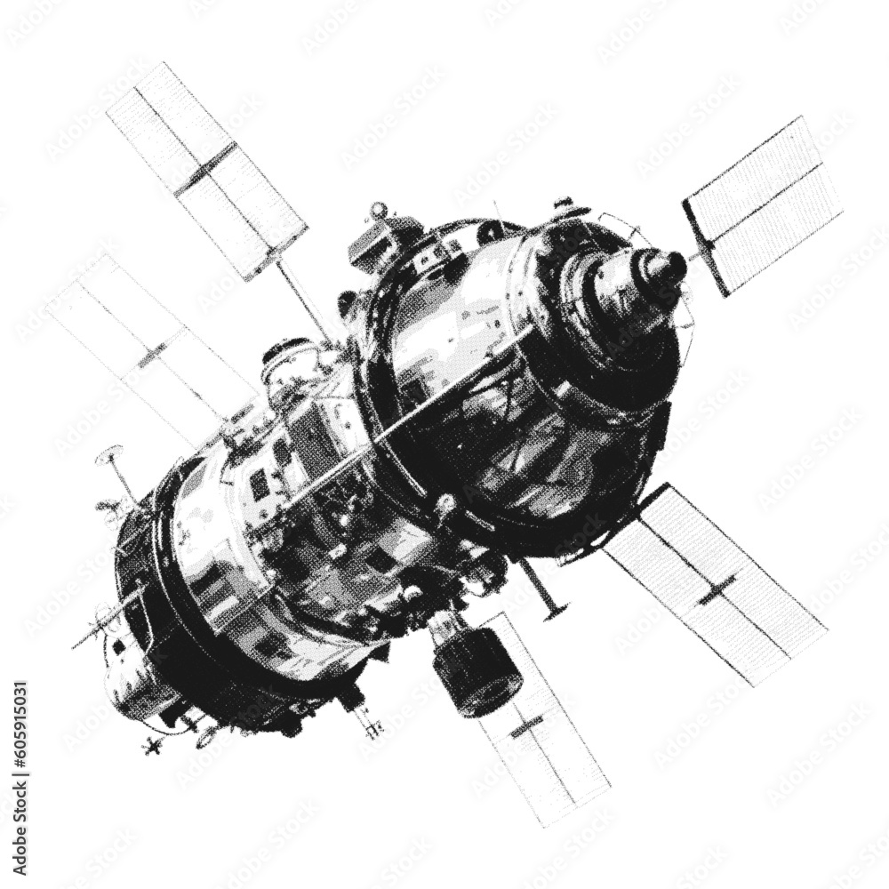 Wall mural hand drawn halftone satellite. space vector design element.