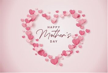Mother's Day card in pink with lettering in a heart made up of many small hearts, vector design - 605915293