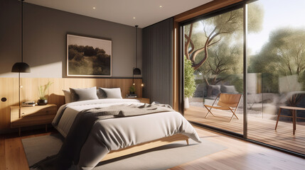 A very masculine bedroom with a large balcony that overlooks an expansive garden. Generative AI