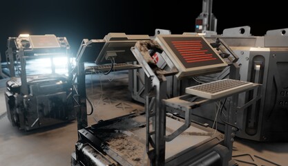 Monitor display computer control room 3d rendering in dark scene science fiction wallpaper backgrounds