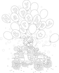 Happy birthday card with a funny circus clown friendly smiling and waving in greeting in a toy retro car and holiday balloons flying around, black and white outline vector cartoon