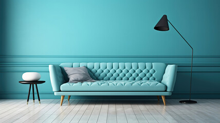 green mint wall with sofa and sideboard on wood floor interior. Generative Ai