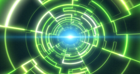 Abstract green glowing neon laser tunnel futuristic hi-tech with energy lines, abstract background