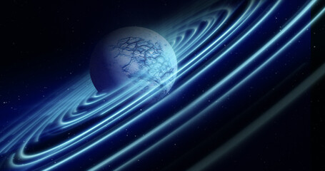 Abstract blue space planet with a round asteroid belt ring  futuristic hi-tech on the background of stars in open space