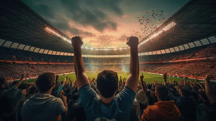 Zelfklevend Fotobehang fans are cheering in a soccer stadium. Generative Ai © Malika