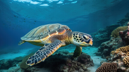 Fototapeta na wymiar A shot of a turtle swimming in the sea