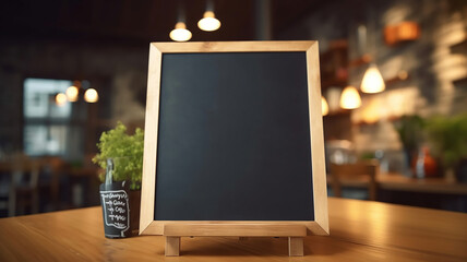 Blank menu board on wooden top table with blurred of coffee shop background. Generative Ai