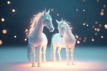 Naklejka na ściany i meble A magic festive of happiness couple unicorns covered in glowing lights in a winter or spring scene