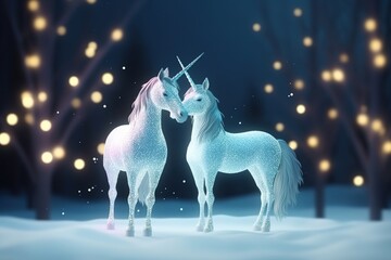 Obraz na płótnie Canvas A magic festive of happiness couple unicorns covered in glowing lights in a winter or spring scene