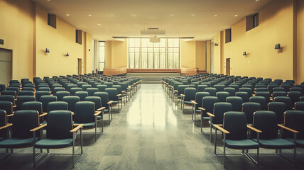 Naklejka premium Modern auditorium interior with lecturer desk and rows of vintage chairs in luxury training center. Generative Ai