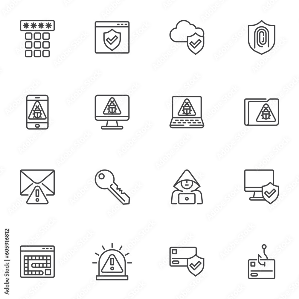 Poster cyber and web security line icons set
