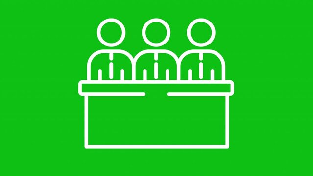 Work meeting white icon animation. Animated line coworkers discuss issue and agree. Nodding head. Loop HD video with chroma key, alpha channel, transparent background. Outline motion graphic animation