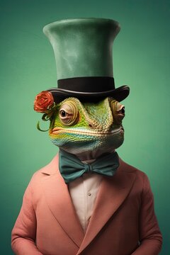 Chameleon in top hat and tails half - length front view, gradient background