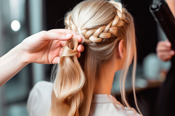 Fototapeta premium A talented hairdresser creating a stylish and elegant hairstyle for a client. Generative AI