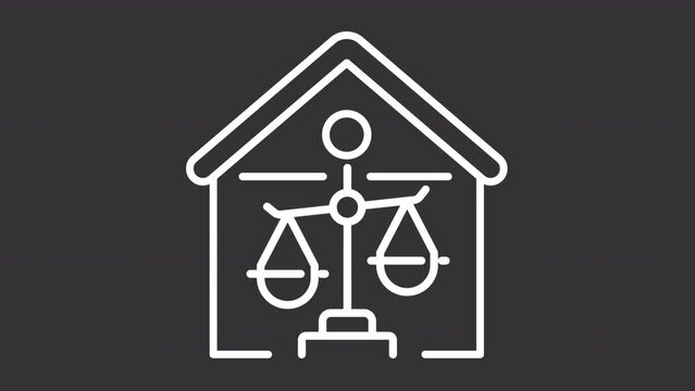 Property protection icon animation. Animated white line house with balancing scales of justice. Loop HD video with chroma key, alpha channel, transparent background. Outline motion graphic animation