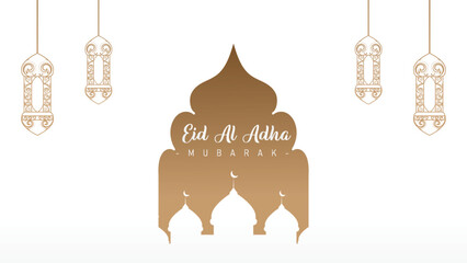 Islamic theme banner poster background design for Eid al-Adha celebration with mosque decoration and lights