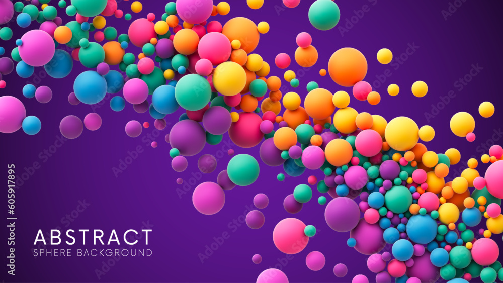 Poster abstract composition with many colorful random flying spheres. colorful rainbow matte soft balls in 