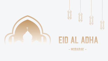 Islamic theme banner poster background design for Eid al-Adha celebration with mosque decoration and lights