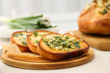 Tasty toasts with garlic, homemade products appetizer