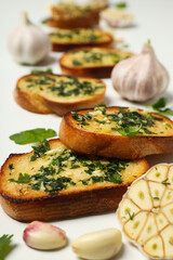 Tasty toasts with garlic, homemade products appetizer