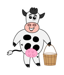 Obraz premium Smiling dairy cow with bucket full of fresh milk on transparent background