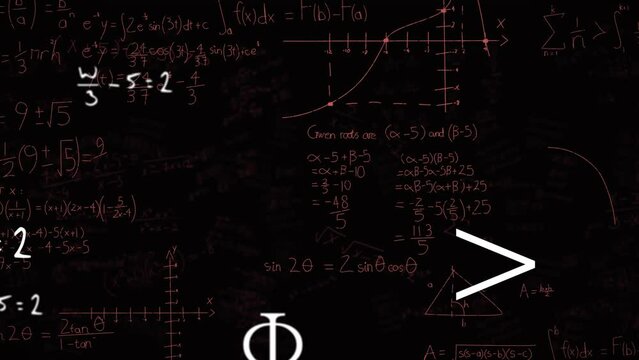 Animation of mathematical equations, formulas and symbols floating against black background