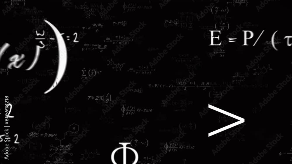 Poster animation of mathematical equations, formulas and symbols floating against black background