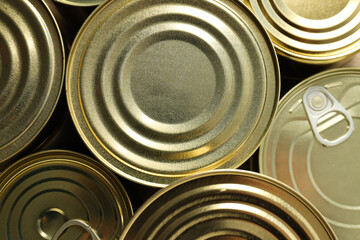 Canned food in blank metal jars, concept of canned food