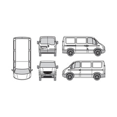 van outline, vintage 1998, isolated white background, front, back, top and side view