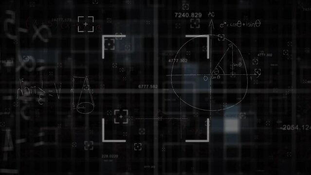 Animation of scope scanning over mathematical equations and formulas against black background