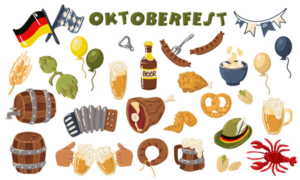 Oktoberfest set - grilled sausage, sausage on a fork, a glass of beer, a can of beer, a German flag, a soft pretzel, a hat, a wooden barrel highlighted in white. Flat vector illustration for holiday