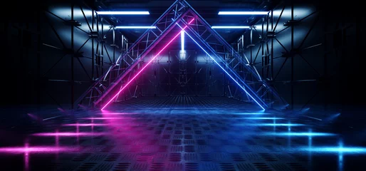 Sci Fi Futuristic Alien Triangle Stage Podium In Smoky Spaceship Hangar Tunnel Corridor Metal Glossy Glowing Red Blue Dark Environment Neon Frame 3D Rendering © IM_VISUALS