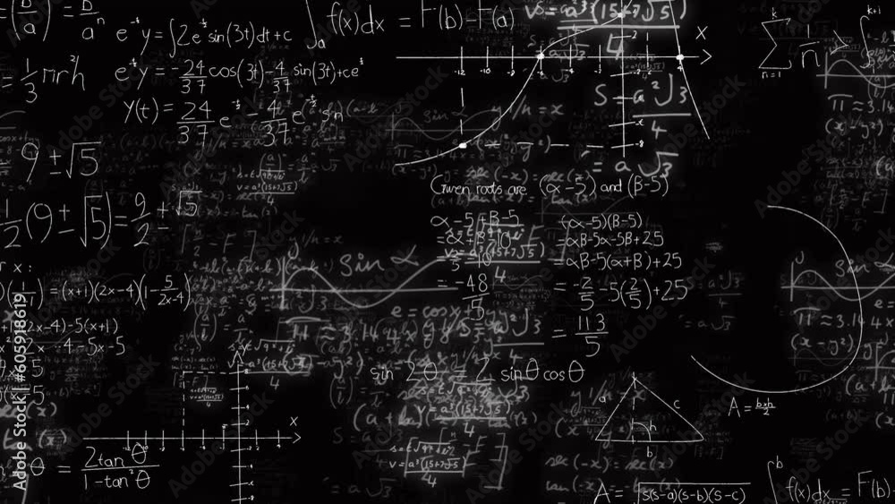 Poster animation of spots of light over mathematical equations and formulas against black background