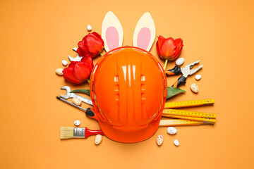 Concept of different work accessories, engineering supplies and tools