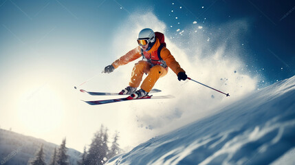 Fototapeta na wymiar Skiing. Jumping skier. Extreme winter sports. Generative AI