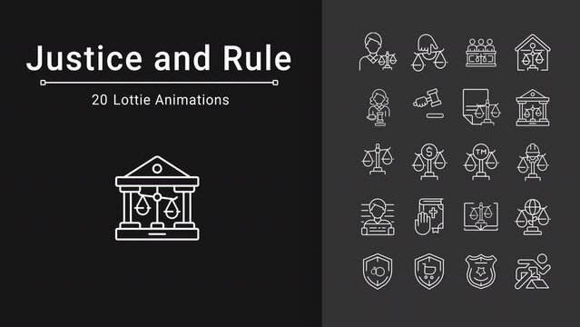 Justice and rule icons animation. Animated white line legal system. Government regulation. Loop HD video with chroma key, alpha channel, transparent background. Outline motion graphic animation