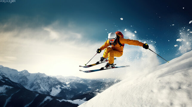 Elevating Winter Thrills, Experiencing the Exhilaration of Extreme Skiing and Airborne Jumps. Generative AI