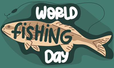A postcard for the Fisherman's Day with a big fish and text on it and a hook on a fishing line next to it. printing of postcards and t-shirts. the subject of the fisherman's congratulations