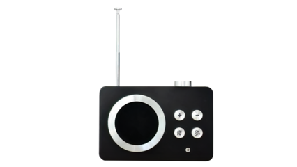 Retro style portable vintage transistor radio receiver, nostalgia, isolated transparent background, tuning function with AM and FM frequency station