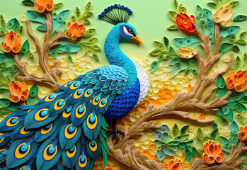 Fototapeta premium Paper cut peacock made with generative AI. Paper quilling 3D peacock. 