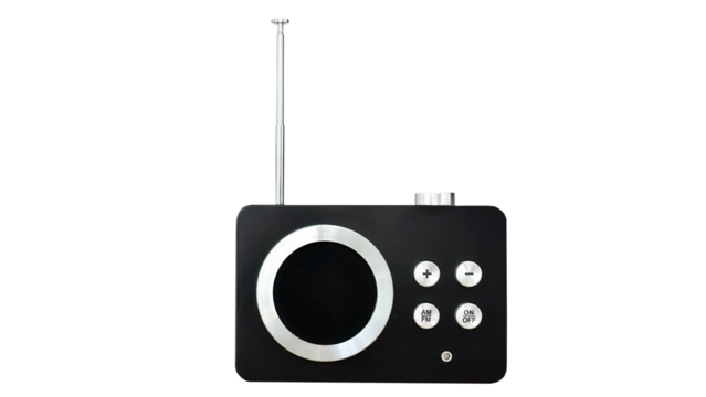 Retro style portable vintage transistor radio receiver, nostalgia, isolated transparent background, tuning function with AM and FM frequency station