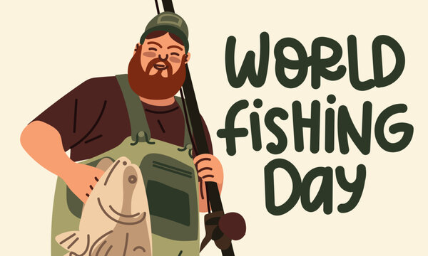 Fisherman's Day. A funny cartoon man with a fishing rod demonstrates his catch. Fishing as a vacation. Banner with the image of a man, a fishing rod and a fish. Printing on paper and textiles. banner