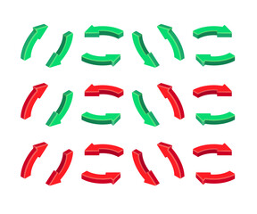 3D Red Green exchange circle arrows set. Vector isometric round moving towards arrow icons isolated on white background. 3D render refresh, reload, recycle design elements for app, web, advert