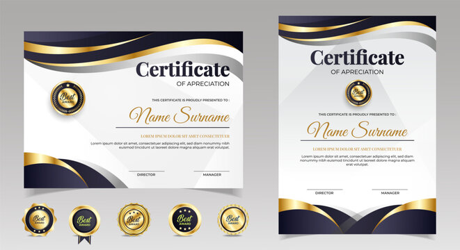 Black and gold certificate of appreciation border template with luxury badge and modern line and shapes. For award, business, and education needs. Diploma vector template	