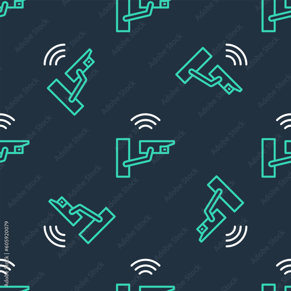 Poster line smart security camera icon isolated seamless pattern on black background. internet of things co