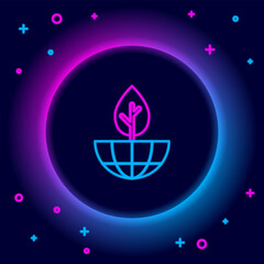 Glowing neon line Earth globe and plant icon isolated on black background. World or Earth sign. Geometric shapes. Environmental concept. Colorful outline concept. Vector
