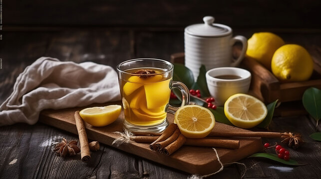 Autumn hot drink - ginger, lemon, honey tea and ingredients in wooden table. Generative AI