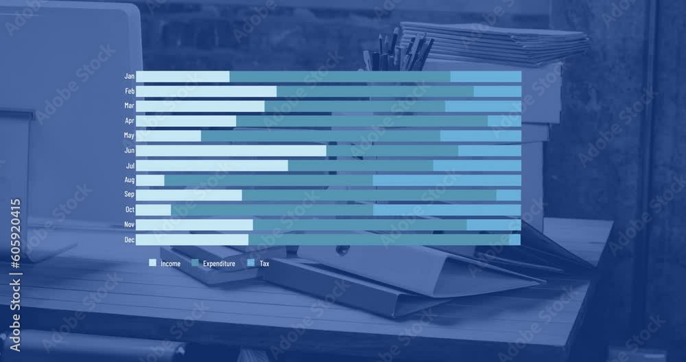 Poster animation of statistical data processing against close up view of office desk