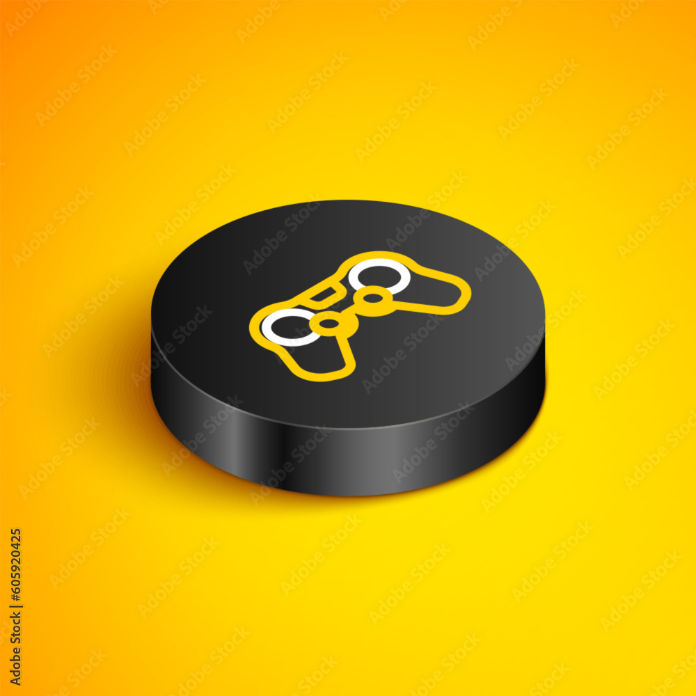 Poster isometric line gamepad icon isolated on yellow background. game controller. black circle button. vec