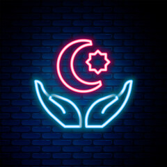Glowing neon line Star and crescent - symbol of Islam icon isolated on brick wall background. Religion symbol. Colorful outline concept. Vector